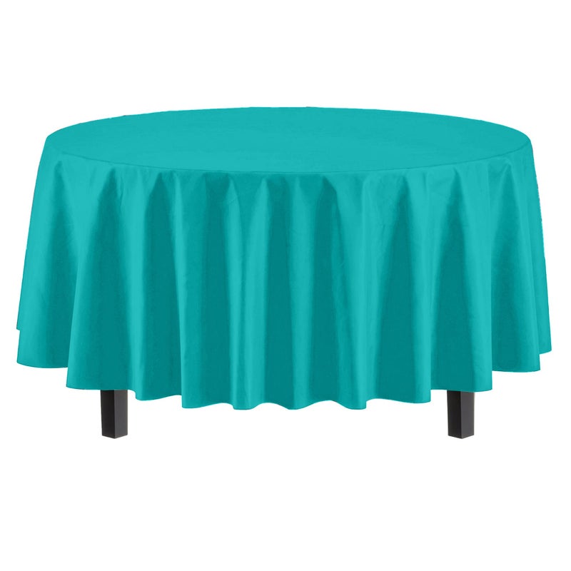 Party Solids 6-Pack Premium Plastic Tablecloth 84in. Round Plastic Table Cover - Aquaâ€¦ - Image 2